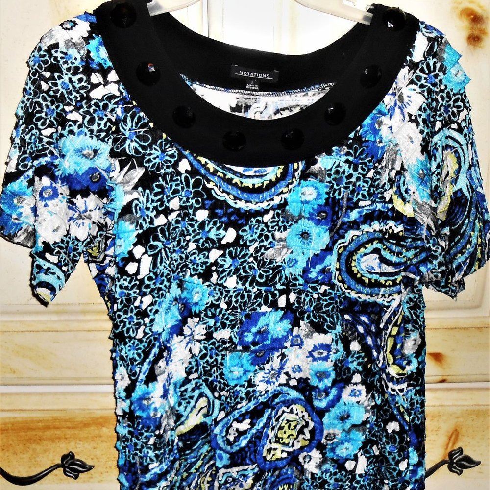 Blue & Black Ruffled Embellished Short Sleeve Top